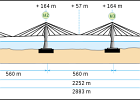 Le pont en coupe  Sa construction a nécessité 250.000 m3 de béton, sa charpente métallique pèse 172.000 tonne, et ses 4 pylônes de béton de 227 mètres soutiennent 368 haubans